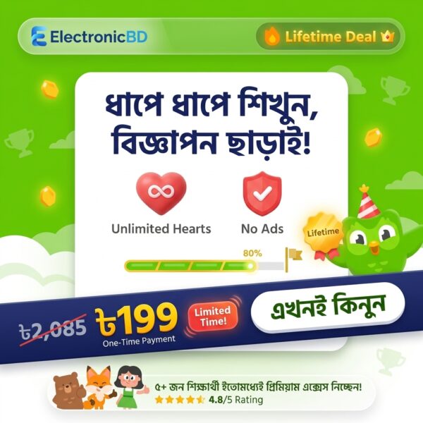 Advertisement_design_for_Electro…_202608061536 Duolingo Premium – Lifetime Access (Unlimited Hearts & No Ads)